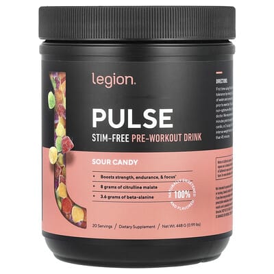 Legion Athletics, Pulse, Stim-Free Pre-Workout Drink, Sour Candy Flavor, 0.99 lb (448 g)