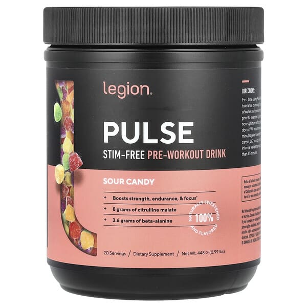 Legion Athletics Pulse, Stim-Free Pre-Workout Drink, Sour Candy, 0.99 lbs (448 g)