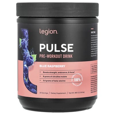 Legion Athletics, Pulse, Pre-Workout Drink, Blue Raspberry Flavor, 1.06 lbs (480 g)