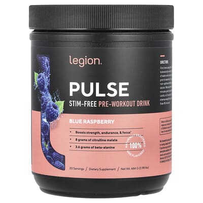Legion Athletics, Pulse, Stim-Free Pre-Workout Drink, Blueberry Flavor, 0.98 lb (444 g)