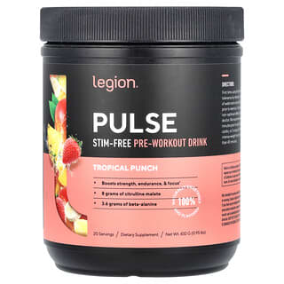 Legion Athletics, Pulse Stim Free Pre-Workout Drink, Tropical Punch, 0.95 lbs (432 g)