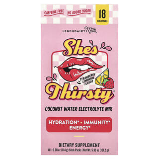 ليجينداري ميلك‏, She's Thirsty® ، مزيج إلكتروليت من ماء جوز الهند ، بنكهة الفراولة والليمون ، 18 كيسًا ، 0.3 أونصة (8.4 جم) لكل عبوة