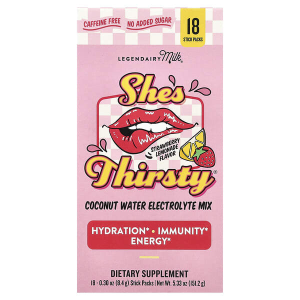 Legendairy Milk She's Thirsty®, Coconut Water Electrolyte Mix, Strawberry Lemonade (Box), 18 Stick Packs, 0.3 oz (8.4 g) Each