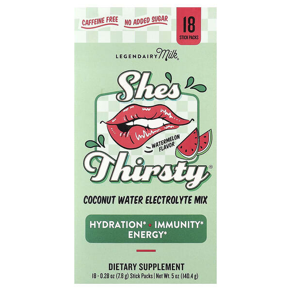 Legendairy Milk She's Thirsty®, Coconut Water Electrolyte Mix, Watermelon (Box), 18 Stick Packs, 0.28 oz (7.8 g) Each
