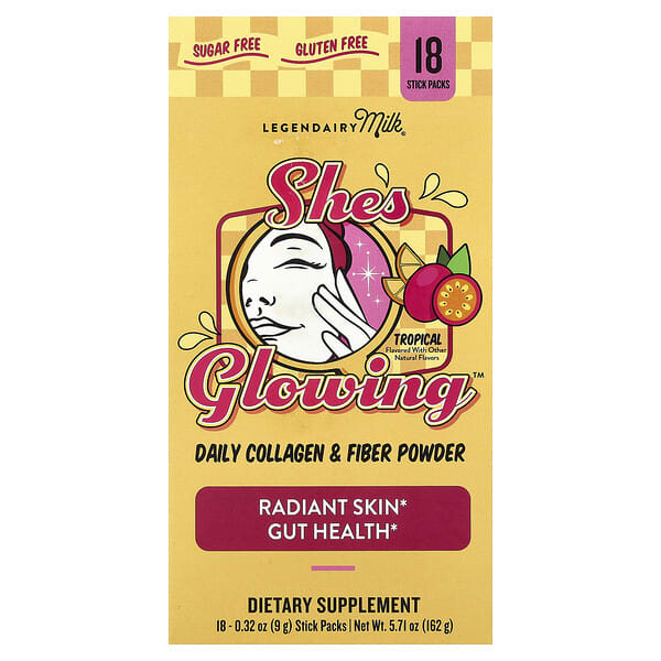 Legendairy Milk, She's Glowing™, Daily Collagen & Fiber Powder, Tropical, 18 Stick Packs, 0.32 oz (9 g) Each — product photo 1