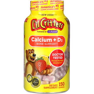 L'il Critters, Calcio + vitamina D3, Refuerzo óseo, Sabores de cereza negra, naranja y fresa, 150 gomitas