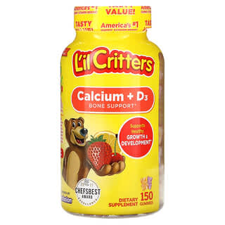 L'il Critters, Calcio + vitamina D3, Refuerzo óseo, Sabores de cereza negra, naranja y fresa, 150 gomitas
