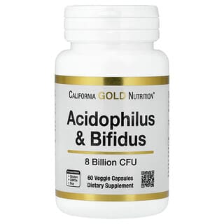 California Gold Nutrition, Acidófilo y bifidobacterias, Mezcla de probióticos con Lactobacillus acidophilus, Bifidobacterium lactis y Bifidobacterium longum, 8000 millones de UFC, 60 cápsulas vegetales
