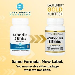 California Gold Nutrition, Acidófilo y bifidobacterias, Mezcla de probióticos con Lactobacillus acidophilus, Bifidobacterium lactis y Bifidobacterium longum, 8000 millones de UFC, 60 cápsulas vegetales