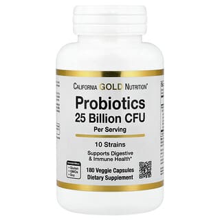 California Gold Nutrition, Probiotiká s Lactobacillus acidophilus, Bifidobacterium lactis, Lactobacillus plantarum a Lactobacillus casei, zmes 10 kmeňov, 25 miliárd CFU, 180 rastlinných kapsúl
