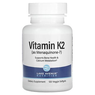 Lake Avenue Nutrition, วิตามิน K2 (ในรูปมีนาควิโนน-7) ขนาด 50 มคก. บรรจุ 120 แคปซูลนิ่มทำจากผัก