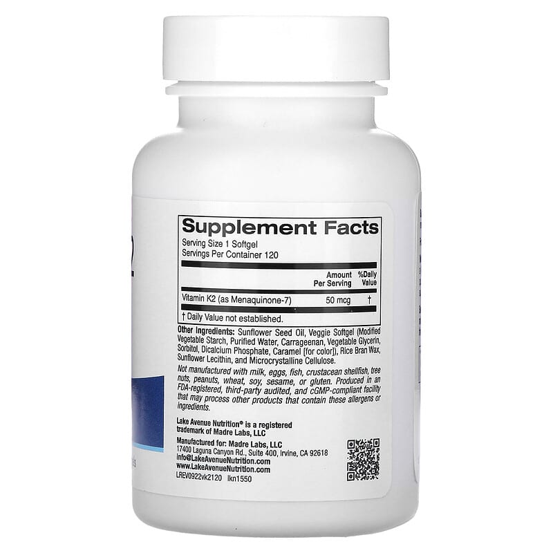 Vitamin K2 (as Menaquinone-7), 50 mcg, 120 Veggie Softgels