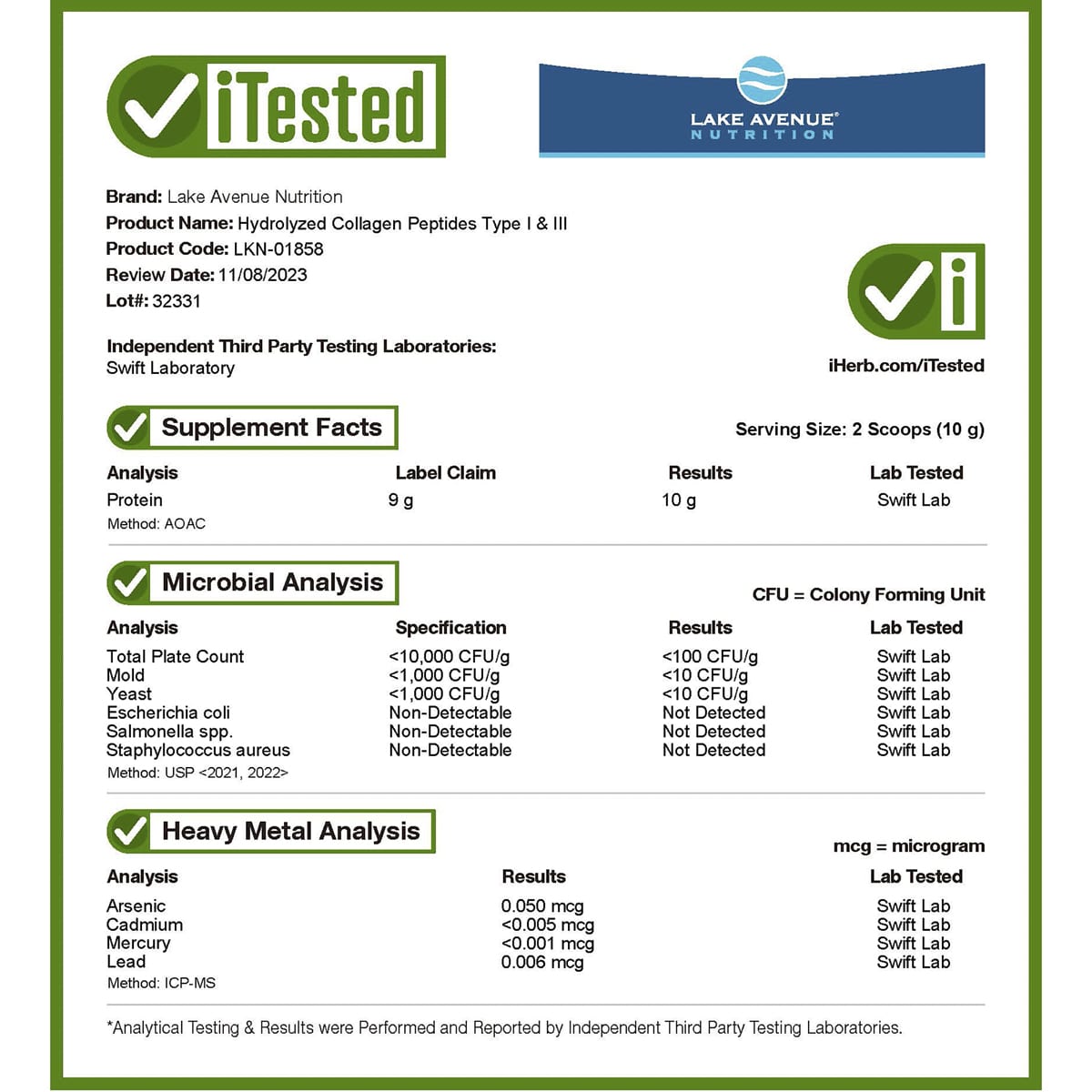 Lake Avenue Nutrition, Hydrolyzed Collagen Peptides, Type I & III, 1.01