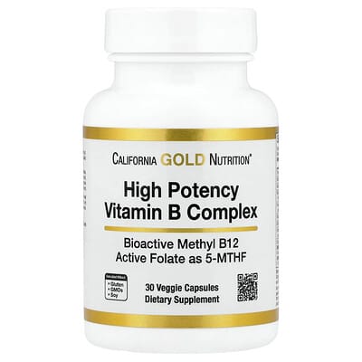 California Gold Nutrition, High Potency Vitamin B Complex with Thiamin HCl, Niacin, Pantothenic Acid and Inositol, 30 Veggie Capsules