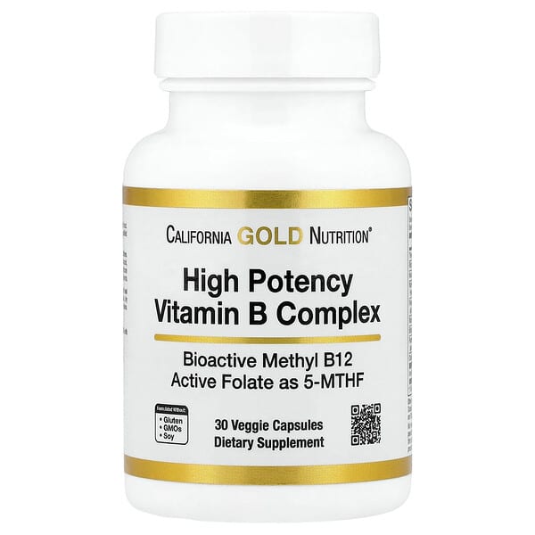 California Gold Nutrition, High Potency Vitamin B Complex with Thiamin HCI, Niacin, Pantothenic Acid and Inositol, 30 Veggie Capsules