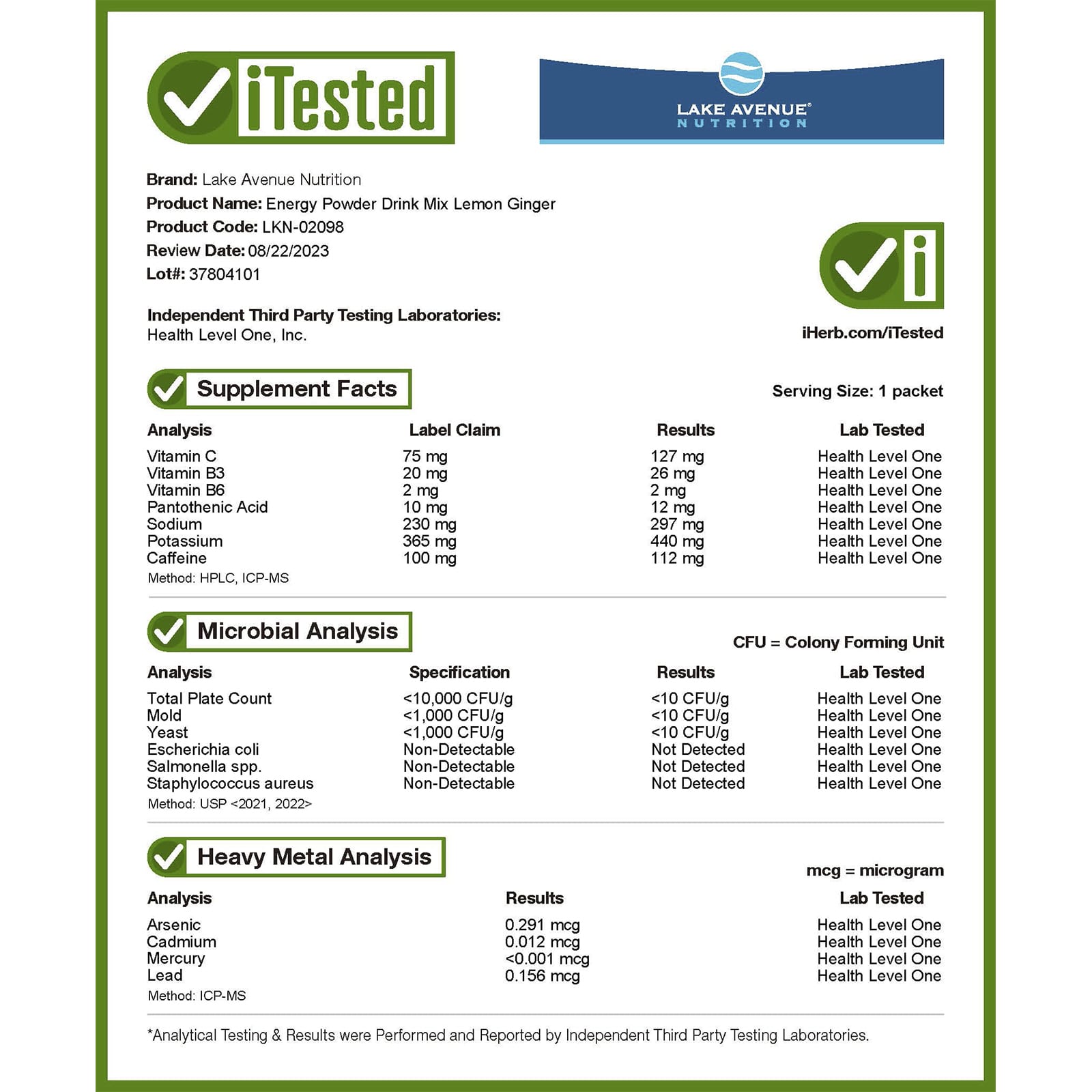 Lake Avenue Nutrition, Energy Powder Drink Mix, Lemon Ginger, 20