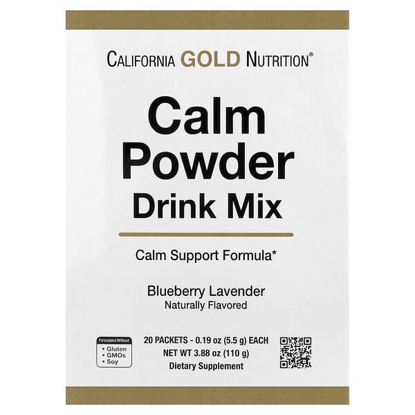 California Gold Nutrition, Calm Powder Drink Mix with Potassium and AminoCalm Blend, L-Tryptophan and L-Theanine, Blueberry Lavender, 20 Packets, 0.19 oz (5.5 g) Each — product photo 1