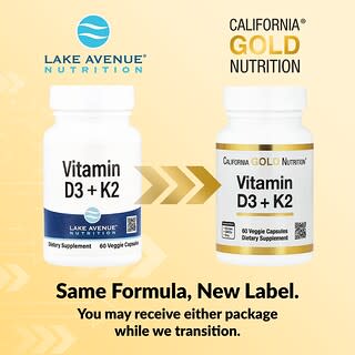 California Gold Nutrition, Vitamin D3 + K2, 60 Veggie Capsules