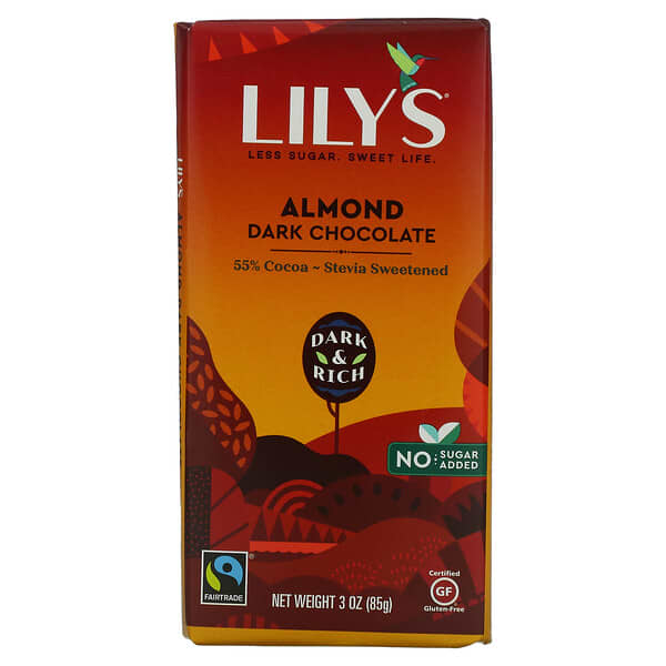 Lily's Sweets, 55%可可黑巧克力棒，杏仁味，3 盎司（85 克）