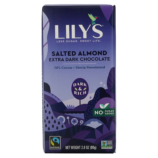 Lily's Sweets, 高級黑巧克力棒，鹹味杏仁，70% 可可，2.8 盎司（80 克）