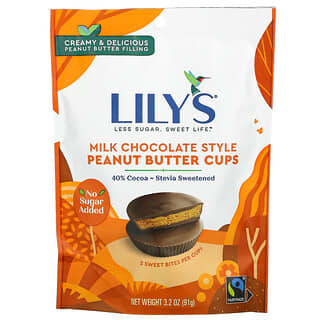 Lily's Sweets, حليب بالشيكولاتة ، أكواب زبدة الفول السوداني ، بدون سكر مضاف ، 3.2 أونصة (91 جم)