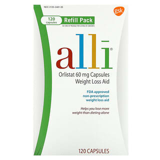 Alli, Орлистат, средство для снижения веса, дополнительная упаковка, 60 мг, 120 капсул
