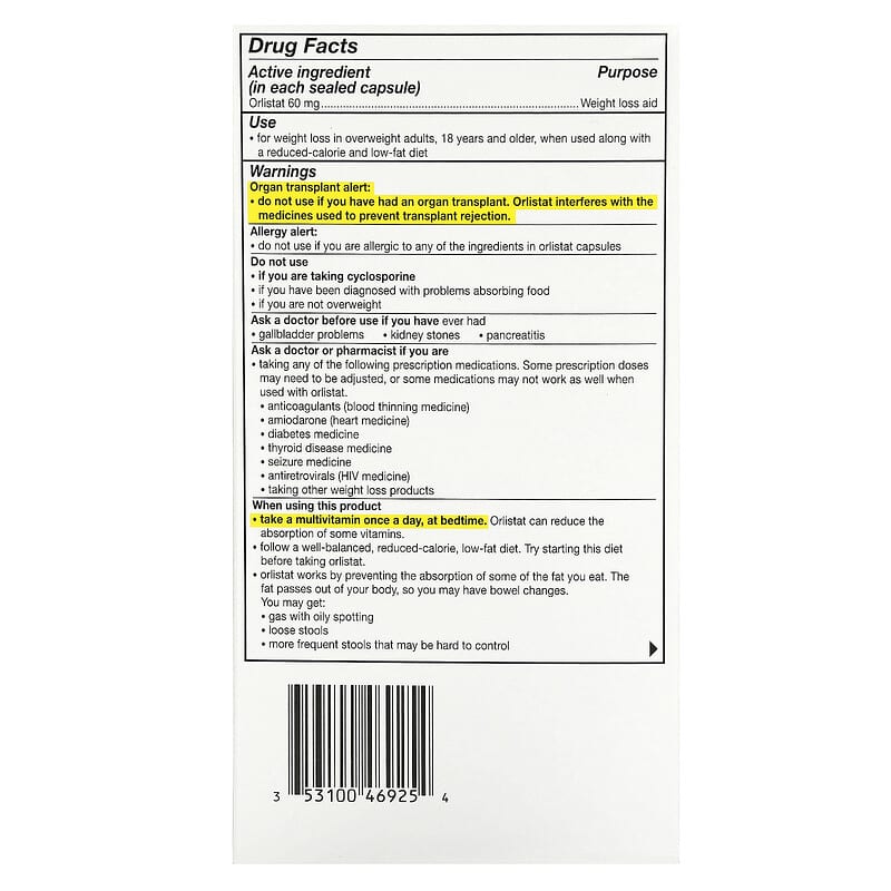 Orlistat, Ayuda para la prdida de peso, Envase de reposicin, 60 mg, 120  cpsulas