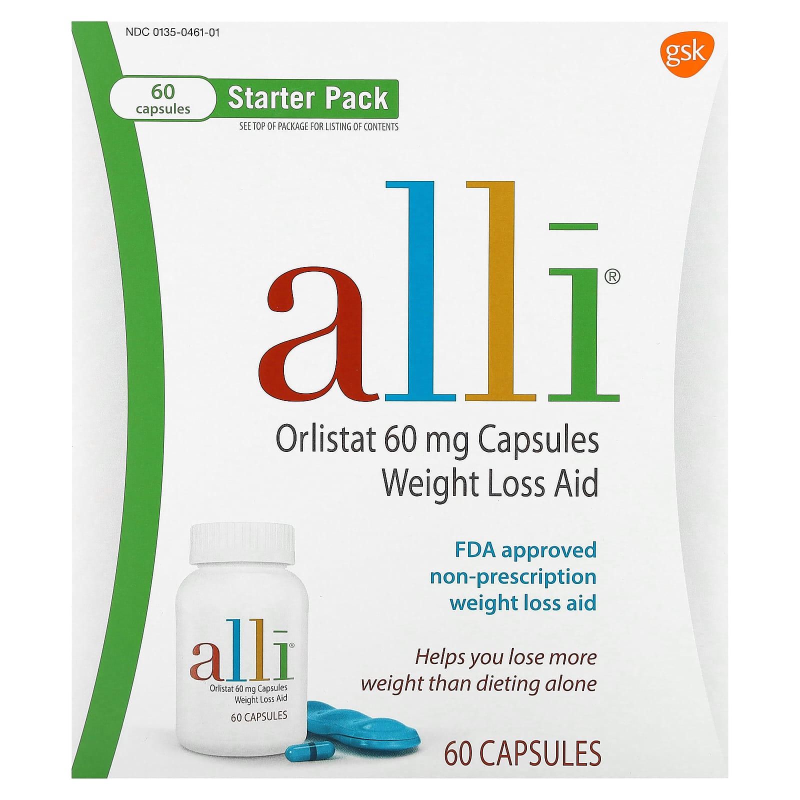 Alli, Orlistat, Weight Loss Aid, Starter Pack, 60 mg, 60 Capsules