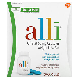 Alli, Орлистат, средство для снижения веса, стартовый пакет, 60 мг, 60 капсул