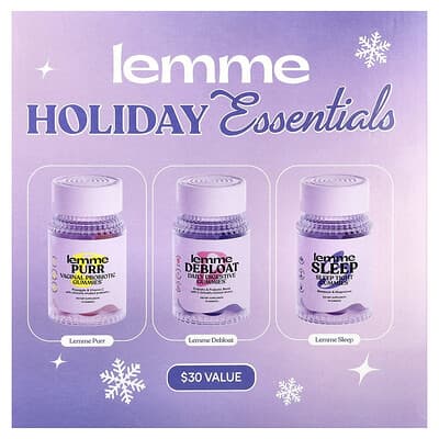 Lemme, Holiday Essentials Gummies, Purr, Debloat, Sleep, 3 Bottles, 14 Gummies Each