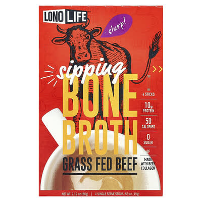 Lonolife, Sipping Bone Broth, Grass-Fed Beef, 4 Strips, 0.53 oz (15 g) Each