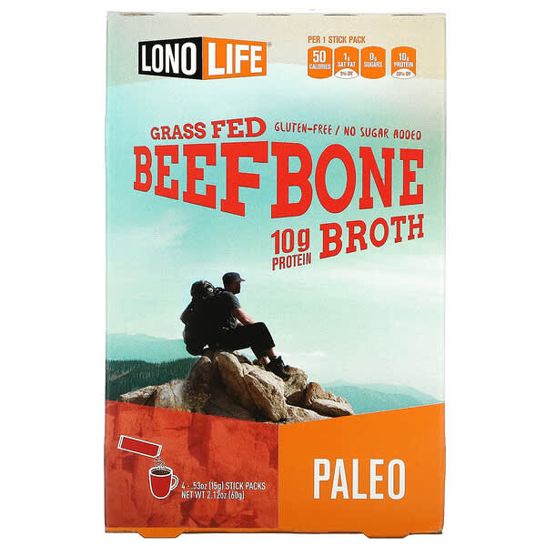 Lonolife, Caldo, Osso de Carne, Paleo, 4 Pacotes de Paus, 15 g (0,53 oz) Cada