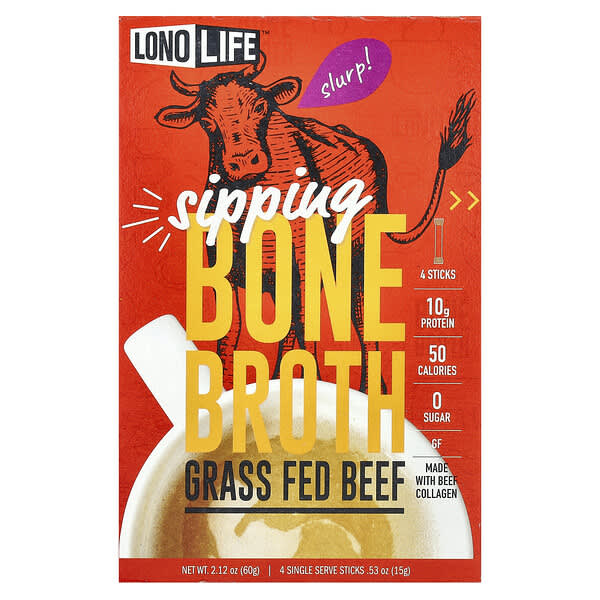 Lonolife, Sipping, Bone Broth, Grass Fed Beef , 4 Stick Packs, .53 oz ...