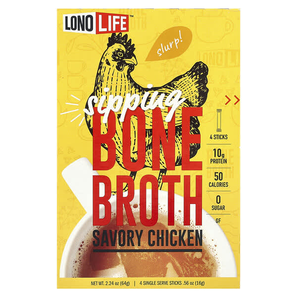 Sipping Bone Broth, Savory Chicken, 4 Single Serve Sticks, 0.56 oz (16 g) Each