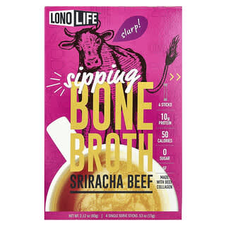 Lonolife, Sipping Bone Broth, Sriracha Beef, 4 Single Serve Sticks, 0.53 oz (15 g) Each