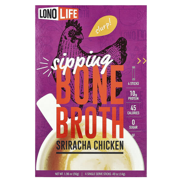 Sipping Bone Broth, Sriracha Chicken, 4 Single Serve Sticks, 0.49 oz (14 g) Each