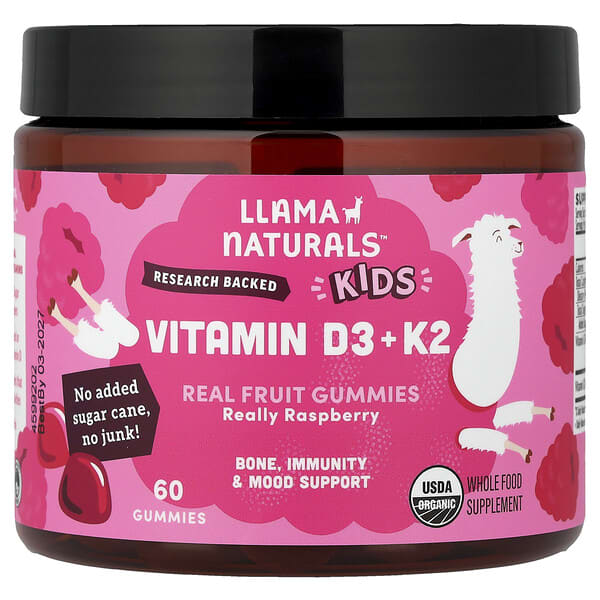 Llama Naturals, Kids Vitamin D3 + K2, Real Fruit Gummies, Really Raspberry, 60 Gummies