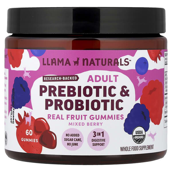 Llama Naturals, Adult Prebiotic & Probiotic, Real Fruit Gummies, Mixed Berry, 60 Gummies