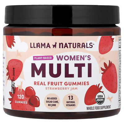 Llama Naturals, Plant-Based Multivitamin Real Fruit Gummies for Women, Strawberry Jam, 120 Gummies