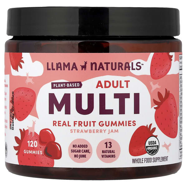 Llama Naturals, Adult Plant-Based Multi, Real Fruit Gummies, Strawberry Jam, 120 Gummies