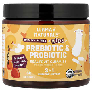 Llama Naturals, Detské prebiotické a probiotické gumové cukríky s pravým ovocím, broskyňovo-mangové tango, 60 gumových cukríkov