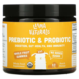 Llama Naturals, Жевательные мармеладки из цельных фруктов с пребиотиками и пробиотиками, персик и манго, 60 укусов