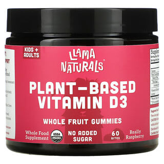 Llama Naturals, Gomitas de frutas enteras con vitamina D3 de origen vegetal, Realmente frambuesa, 60 gomitas