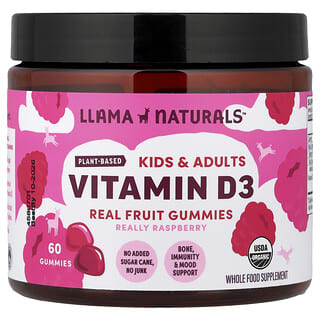 Llama Naturals, Barn og voksne, plantebasert vitamin D3, ekte fruktvingummier, ekte bringebær, 60 vingummier