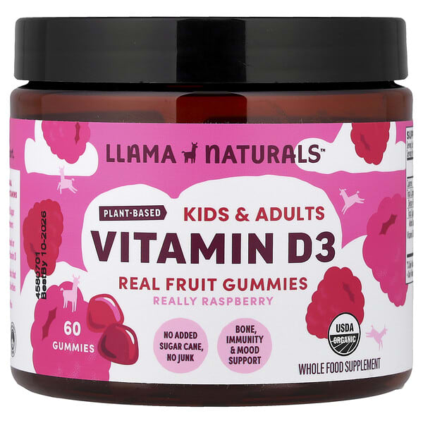 Llama Naturals, Kids & Adults Plant-Based Vitamin D3, Real Fruit Gummies, Really Raspberry, 60 Gummi
