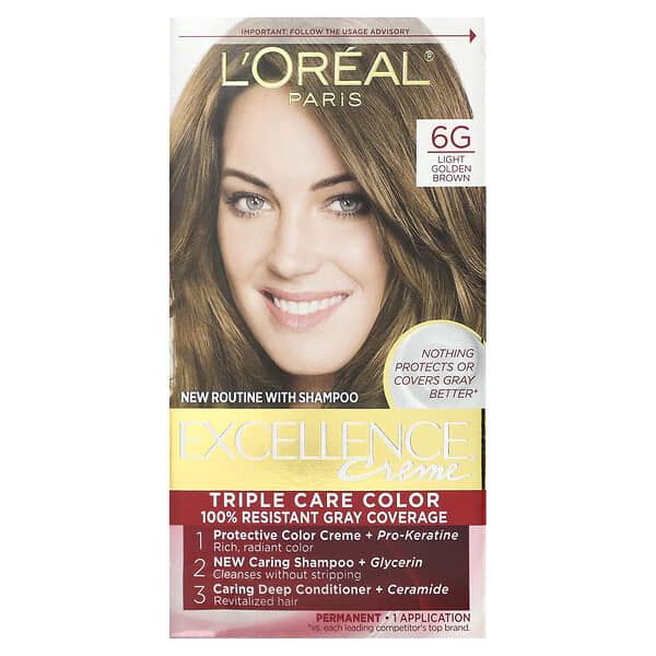 L'Oréal, Excellence Creme, 3중 보호 컬러, 6G 라이트 골든 브라운, 1회분
