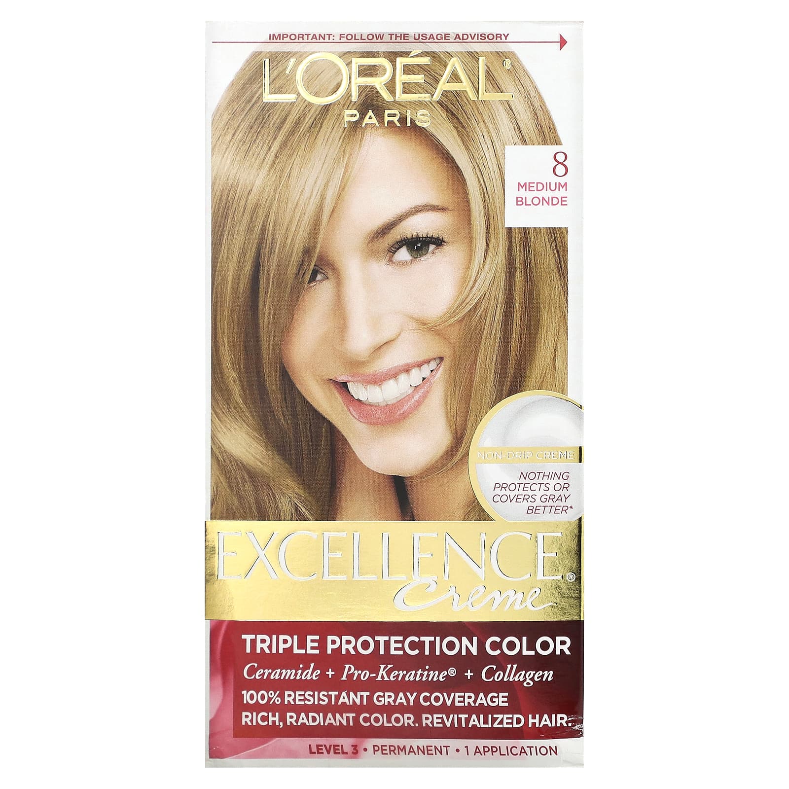 L'Oréal, Excellence Creme, Triple Protection Color, 8 Medium Blonde, 1 ...