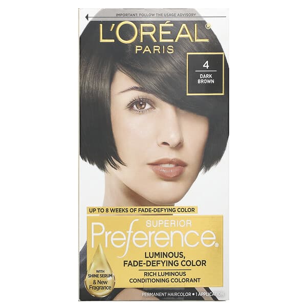 L'Oréal, 선호도가 우수하고, 퇴색되지 않는 색상, 다크 브라운 4호, 1회 적용