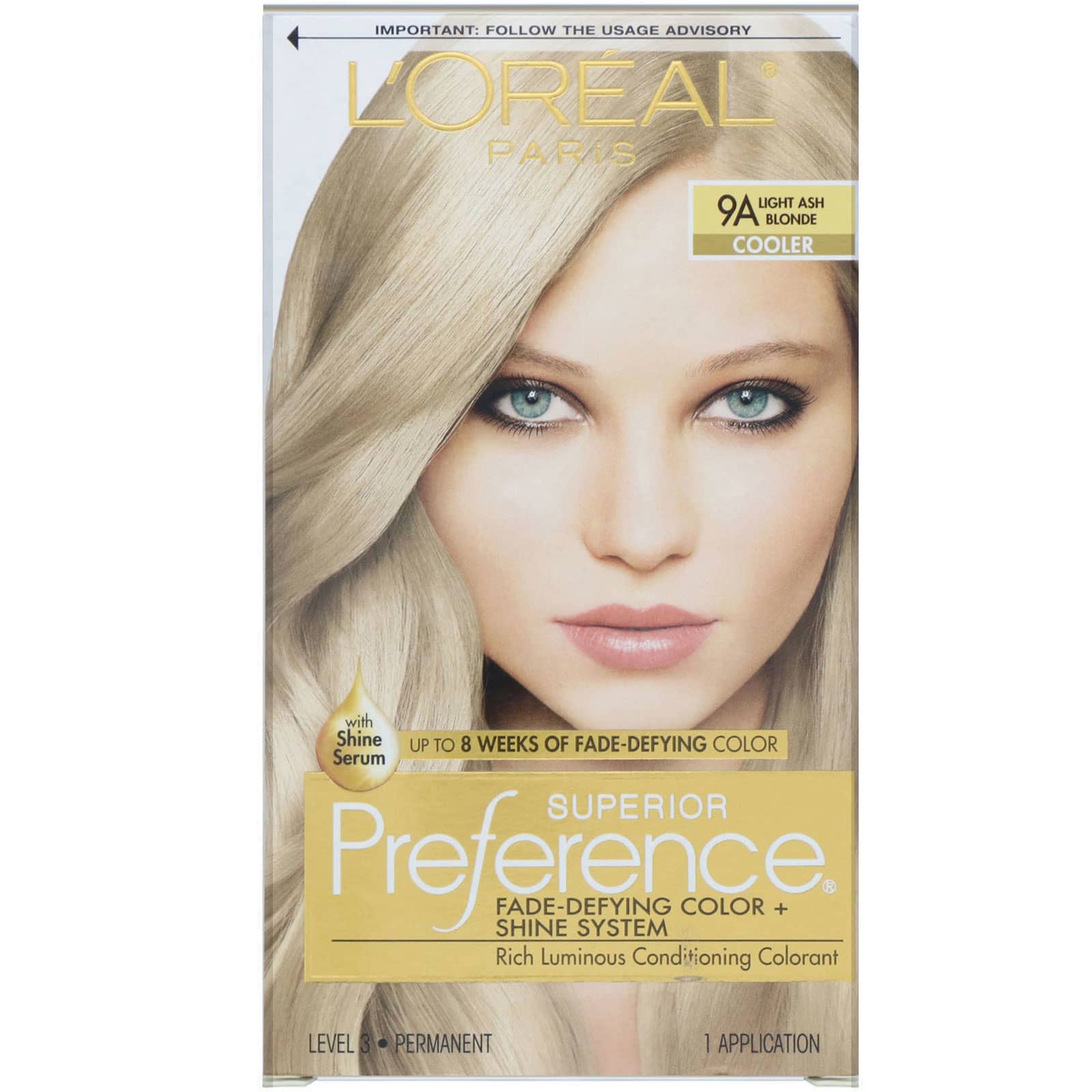 L'Oreal, Superior Preference, Fade-Defying Color + Shine System, Cooler. Light  Ash Blonde 9A, 1 Application (Discontinued Item)