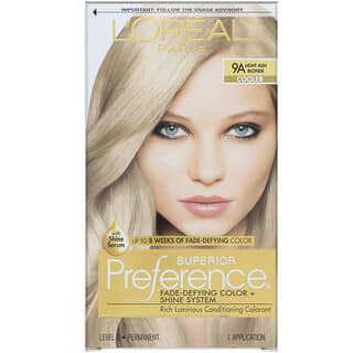 L'Oreal, Superior Preference, краска для волос с технологией против вымывания цвета и системой придания сияния, холодный оттенок, светлый пепельный блонд 9A, на 1 применение